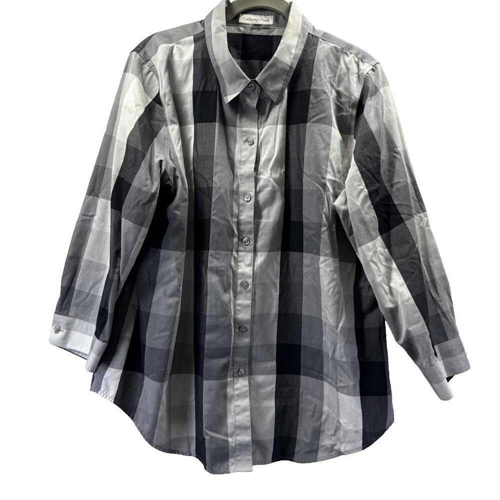 Coldwater Creek Shirt Size 14 Gray Plaid Button Up Long Sleeve‎ Collared Cotton